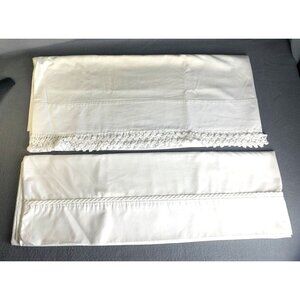 Vintage Pair of White Cotton Pillowcases with Lace Trim and Embroidered Hem Stan